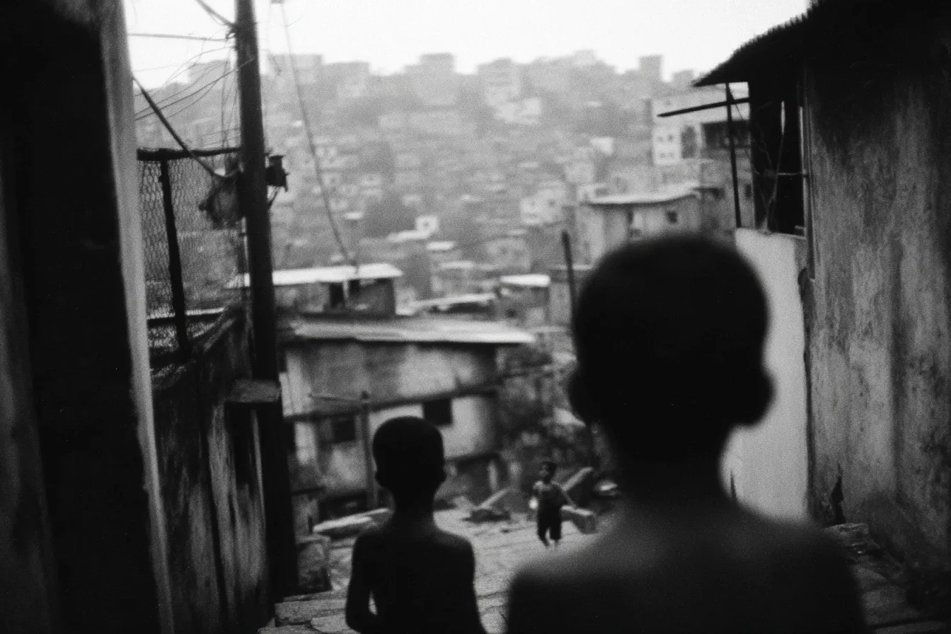 Kinderen van achteren gezien in een steeg, met een favela tegen de heuvel