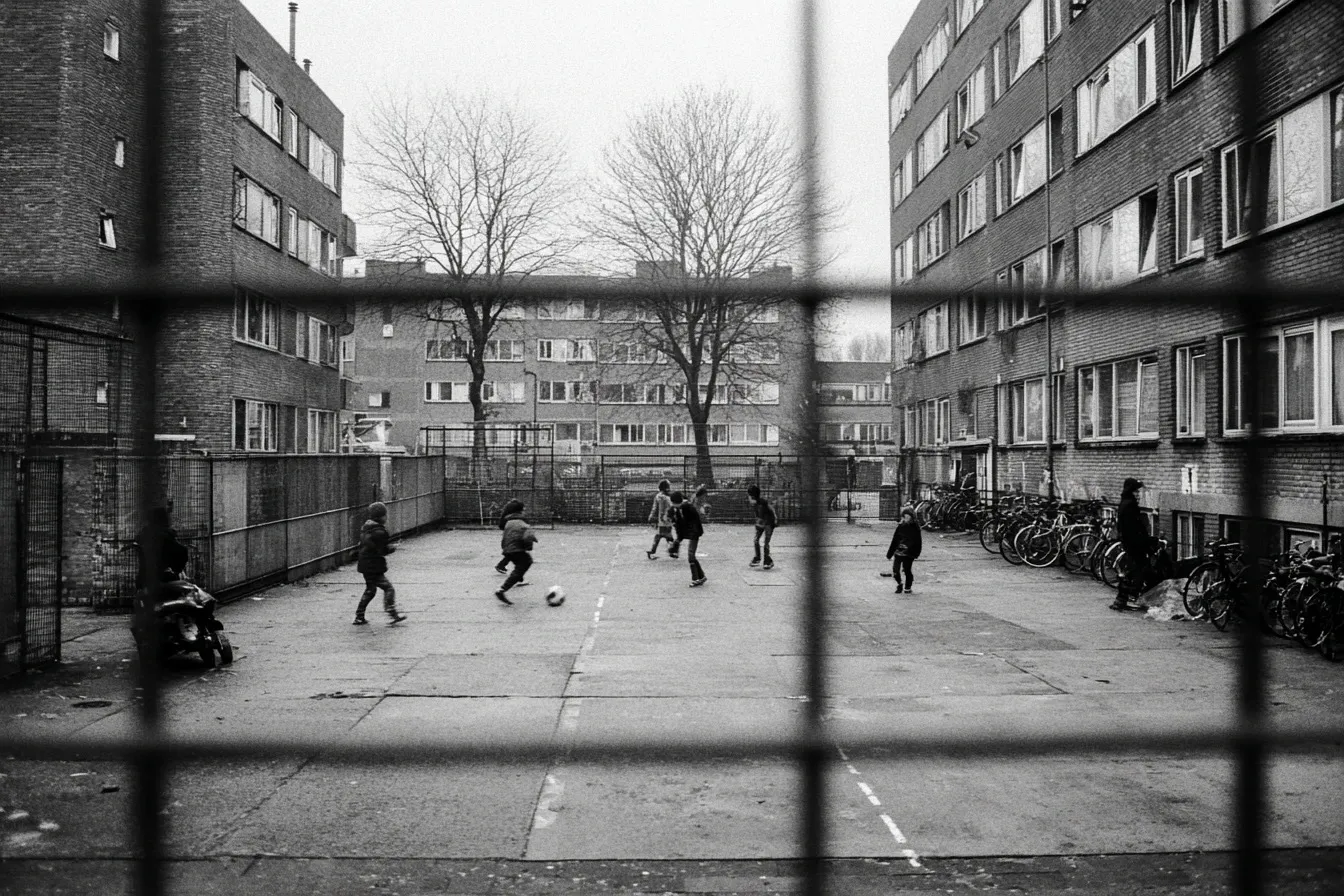 Kinderen voetballen op een betonnen pleintje tussen bakstenen flats, gezien door een hek