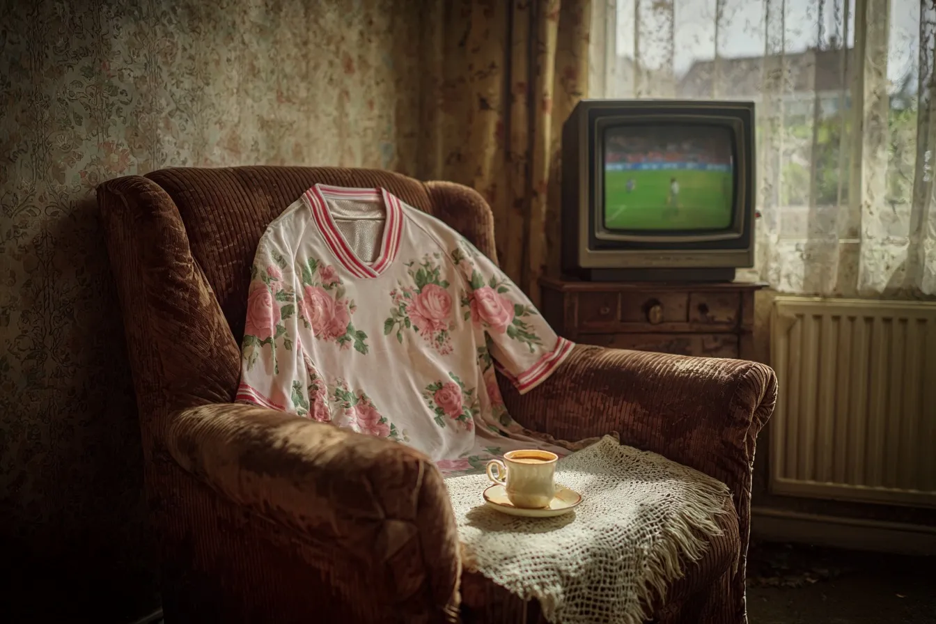Een voetbalshirt met rozenprint op een oude fluwelen fauteuil in een woonkamer met bloemetjesbehang en een oude televisie