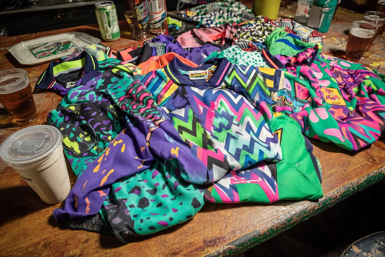 Een stapel voetbal- en keepersshirts met wilde patronen in neonkleuren op een kantinetafel