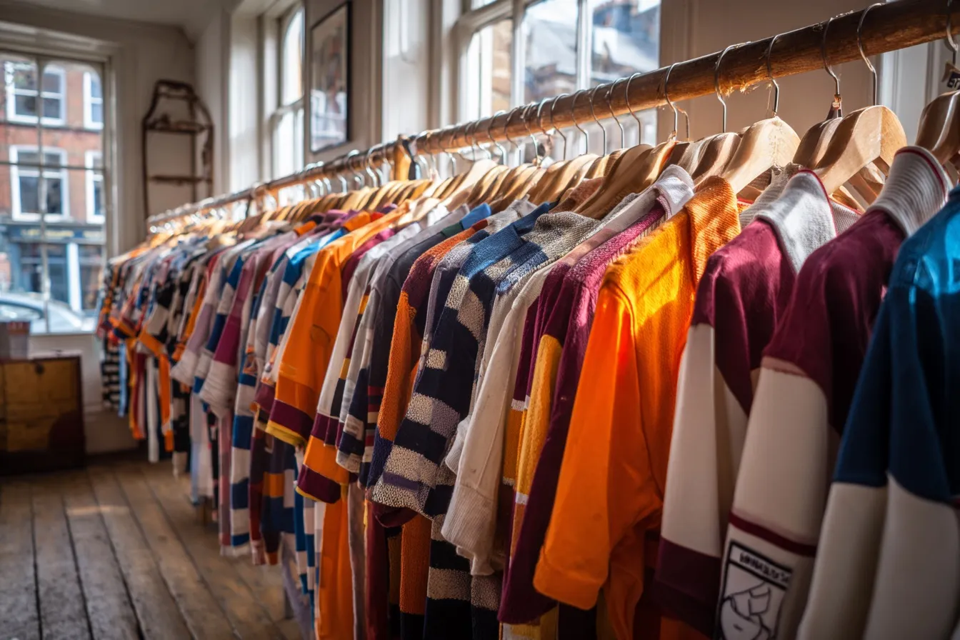 Een rek vol vintage voetbalshirts uit de jaren negentig in een kleine winkel met een hoog grachtenpandraam