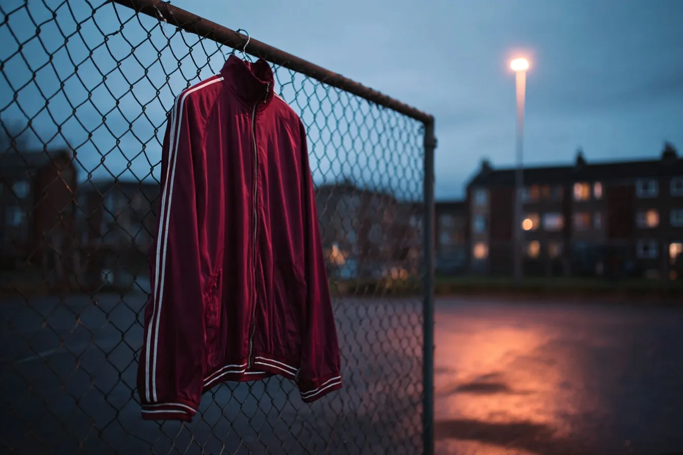 Een bordeauxrood vintage trainingsjack met witte biezen hangt aan het hek van een voetbalkooi in de schemering